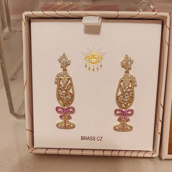Champagne CZ Earrings Pink and Gold - Picture 2 of 5